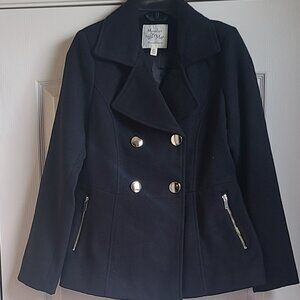 MARALYN & ME JUNIORS DOUBLE-BREASTED PEACOAT, BLACK, MEDIUM